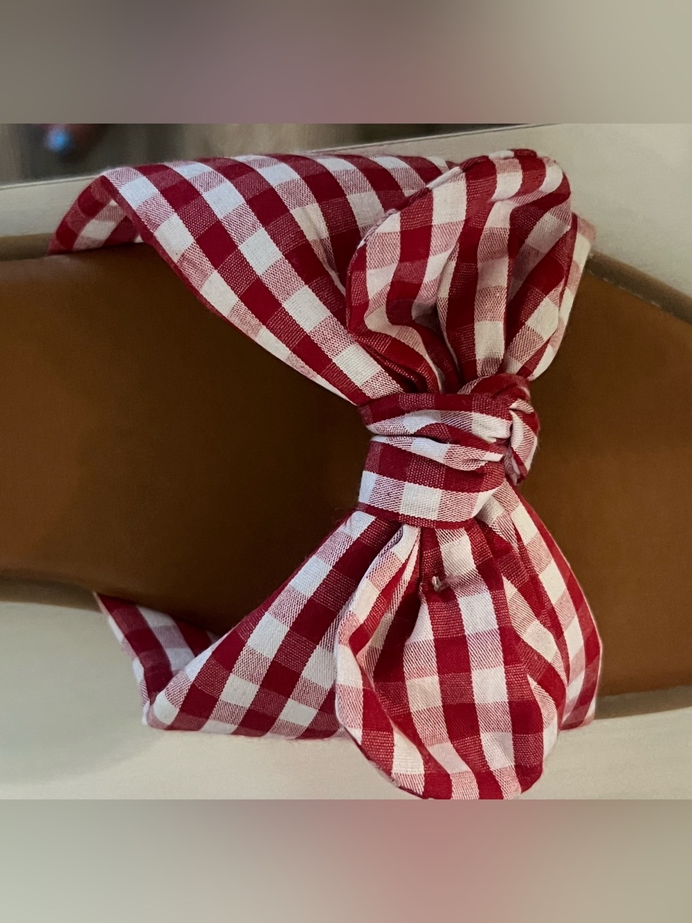 Nicole Miller Red and White Gingham Bow Slide Sandals - Picture 4 of 4